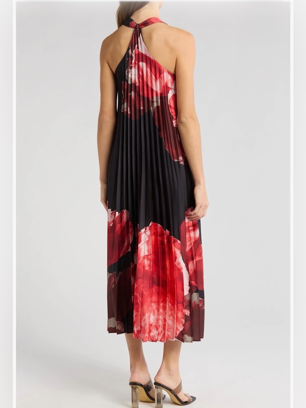 Socialite Sunburst Pleat Racerback Maxi Dress Black Red Floral V-Neck • EST ~XS - Picture 2 of 16